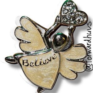 Angel Enamel Pin – “Believe” Inscription – Heart Accent – Cream & Metallic Finis